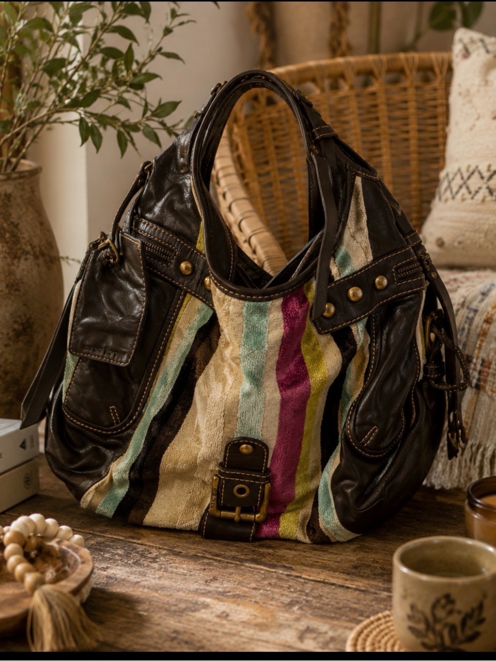 Isabella Fiore Stripe Chenille and leather shoulder handbag